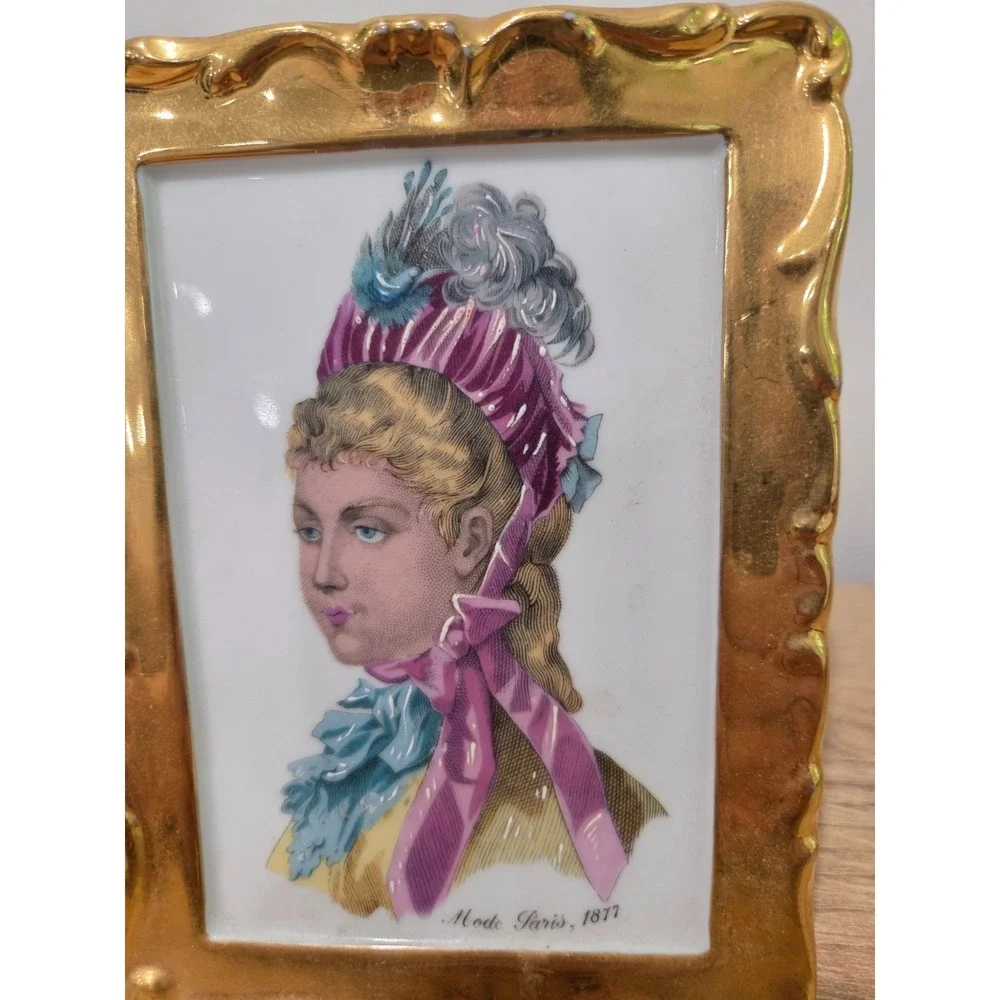 Vintage F M Limoges France Porcelain Hand Painted Picture Portrait Gilded 6''